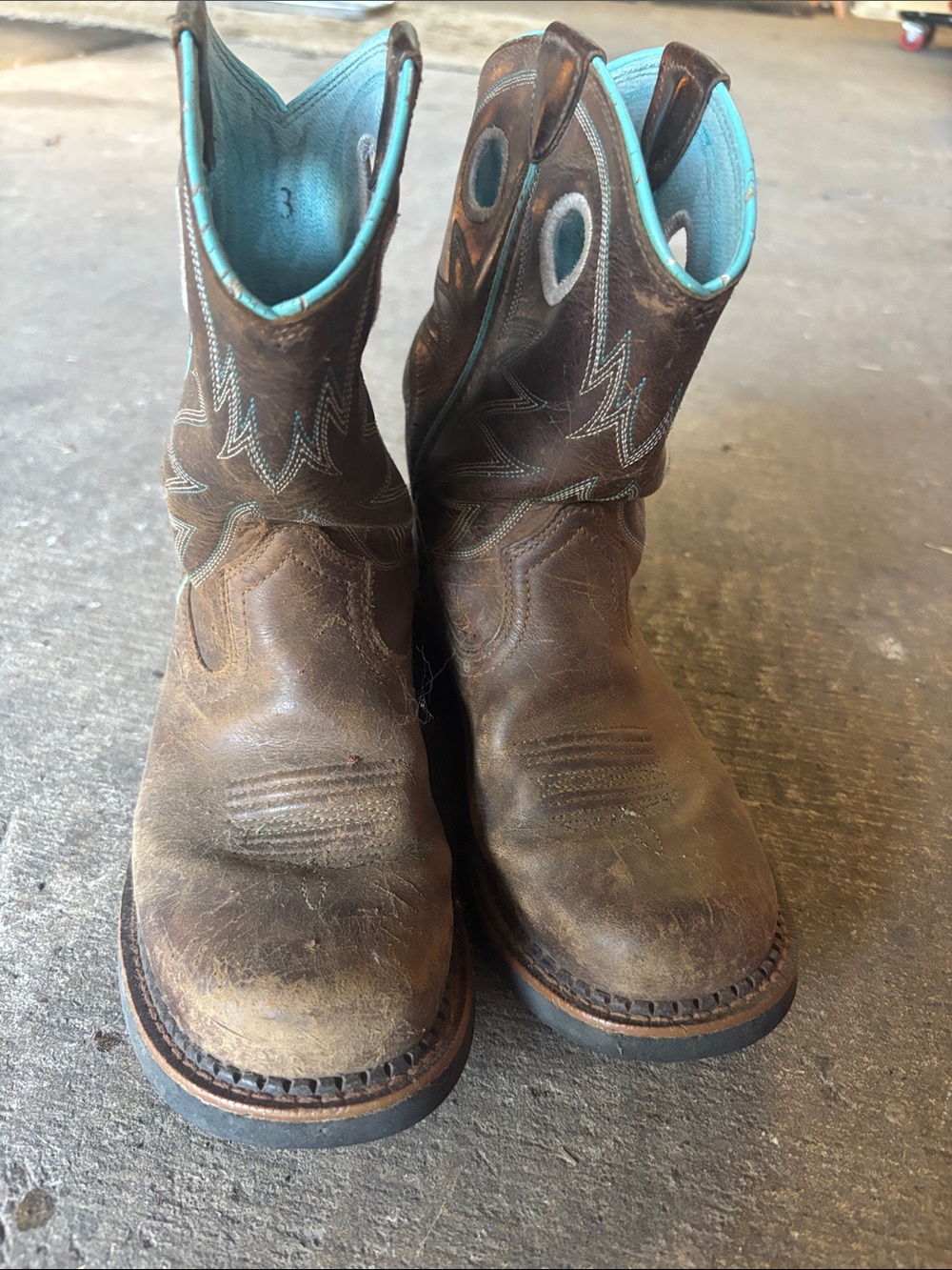 Kids size 3 brown and turquoise ariat boots